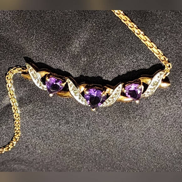 10 kt yellow gold purple amethyst heart trio bar necklace, 16 in 💜x💜x💜 - Picture 1 of 12